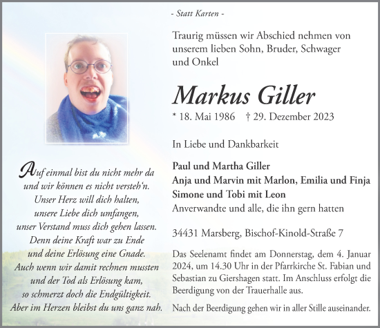 Traueranzeige von Markus Giller von Tageszeitung
