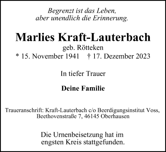 Traueranzeige von Marlies Kraft-Lauterbach von Tageszeitung