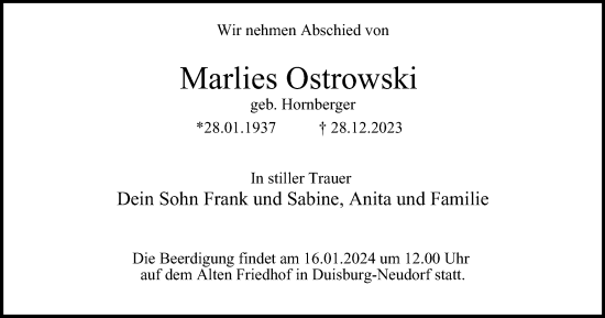 Traueranzeige von Marlies Ostrowski von Tageszeitung
