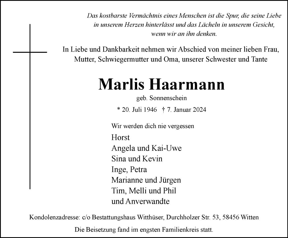  Traueranzeige für Marlis Haarmann vom 20.01.2024 aus Tageszeitung
