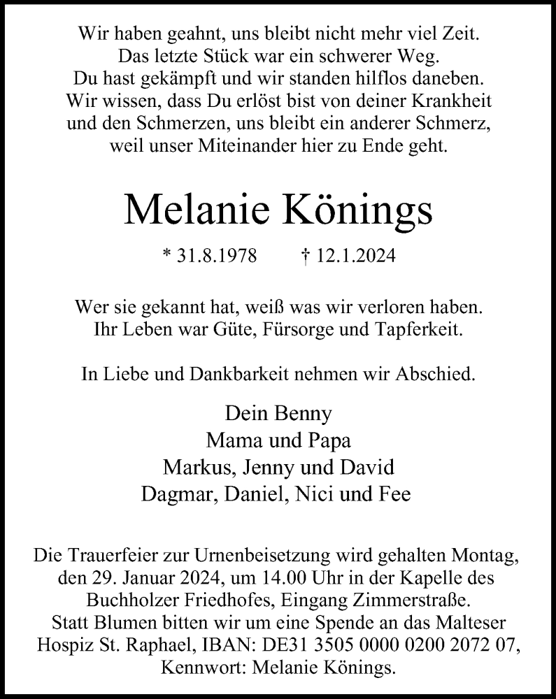  Traueranzeige für Melanie Könings vom 25.01.2024 aus Tageszeitung