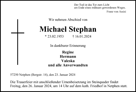Traueranzeige von Michael Stephan von Tageszeitung