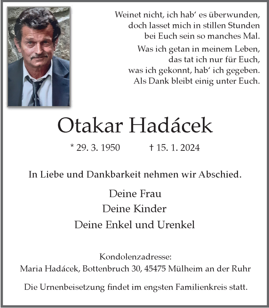  Traueranzeige für Otakar Hadacek vom 27.01.2024 aus Tageszeitung