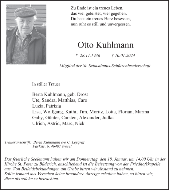 Traueranzeige von Otto Kuhlmann von Tageszeitung