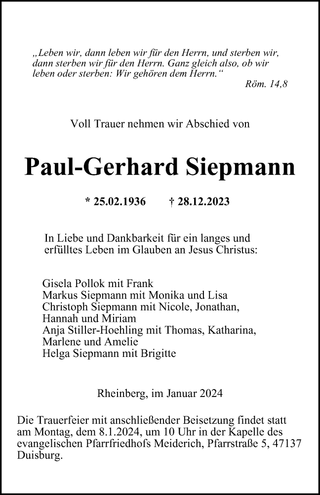  Traueranzeige für Paul-Gerhard Siepmann vom 05.01.2024 aus Tageszeitung