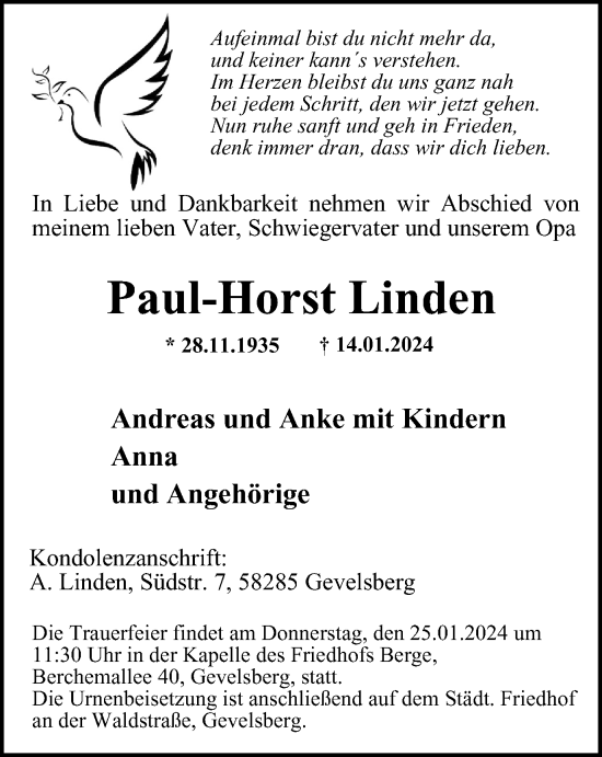 Traueranzeige von Paul-Horst Linden von Tageszeitung