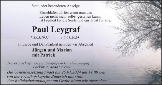 Traueranzeige von Paul Leygraf von Tageszeitung