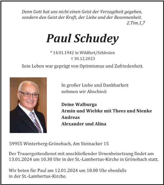 Traueranzeige von Paul Schudey von Tageszeitung