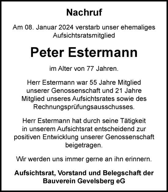 Traueranzeige von Peter Estermann von Tageszeitung