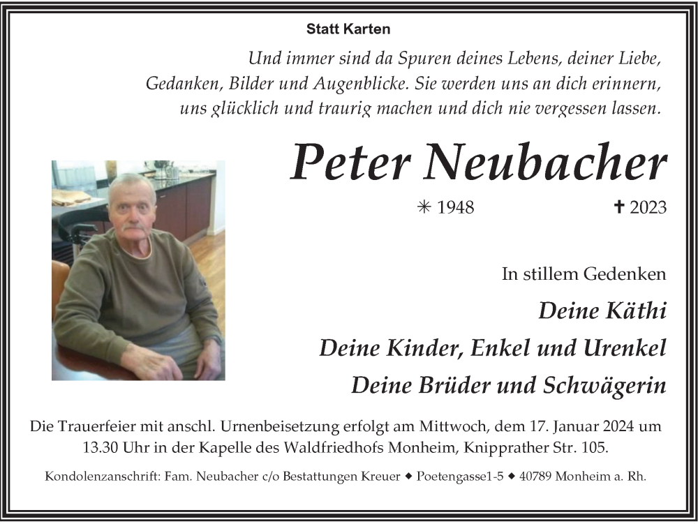  Traueranzeige für Peter Neubacher vom 13.01.2024 aus Tageszeitung
