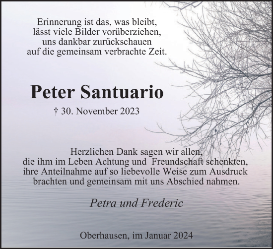 Traueranzeige von Peter Santuario von Tageszeitung