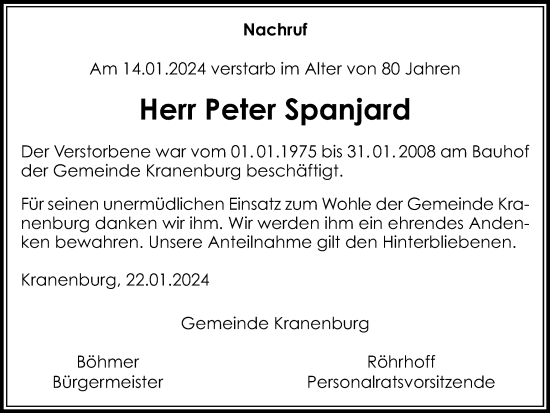 Traueranzeige von Peter Spanjard von Tageszeitung