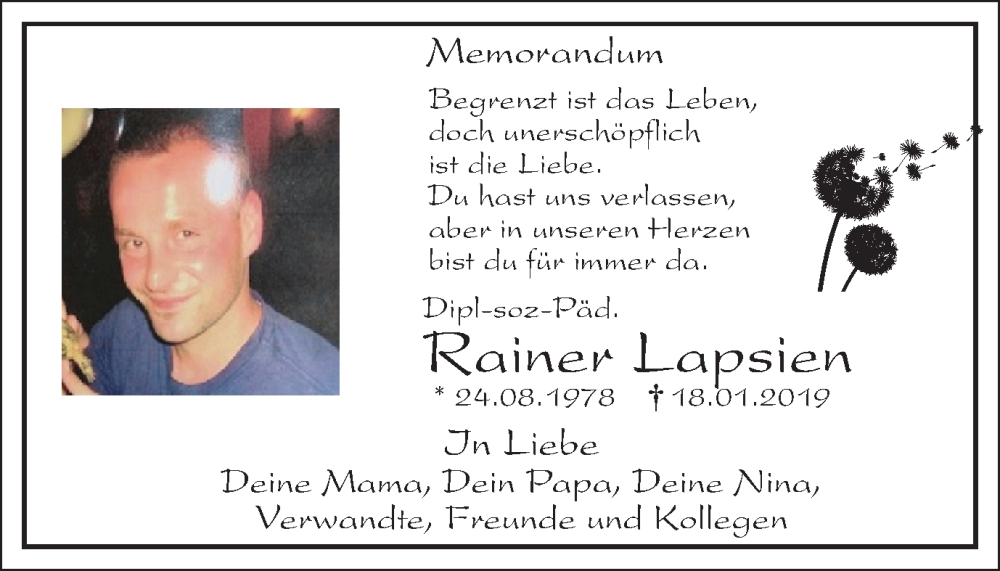  Traueranzeige für Rainer Lapsien vom 20.01.2024 aus Tageszeitung