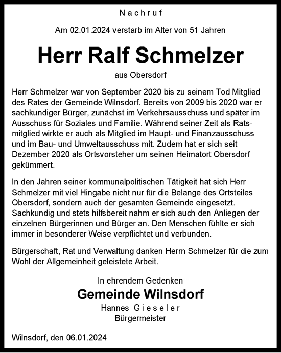 Traueranzeige von Ralf Schmelzer von Tageszeitung