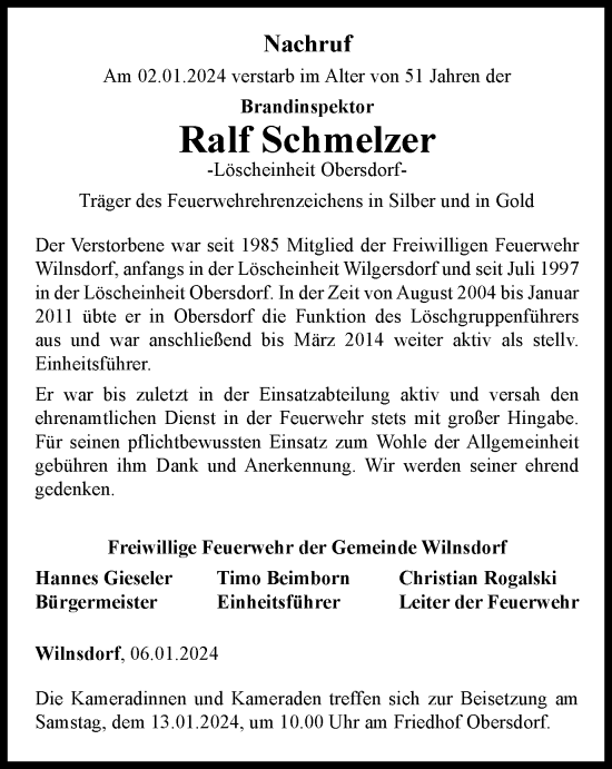 Traueranzeige von Ralf Schmelzer von Tageszeitung