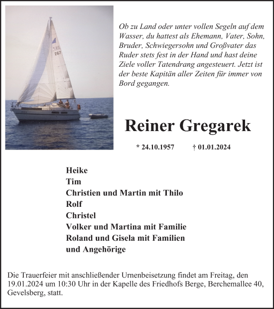 Traueranzeige von Reiner Gregarek von Tageszeitung