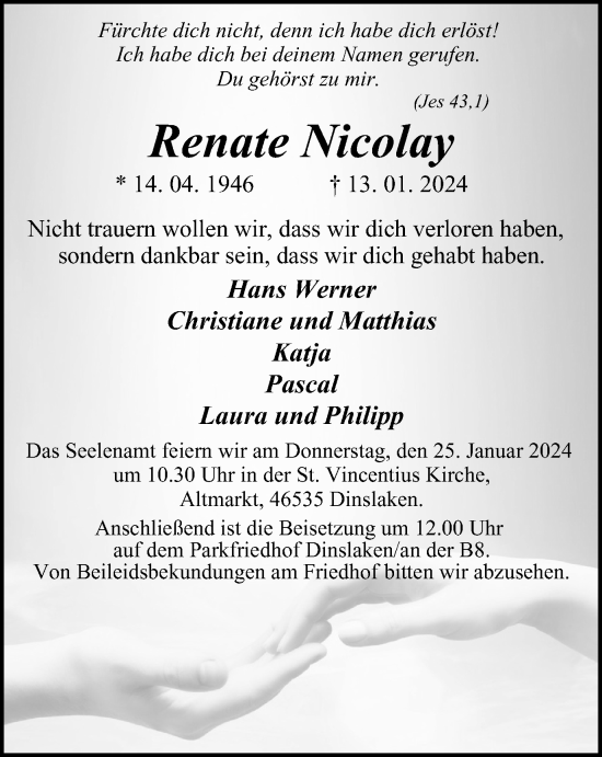 Traueranzeige von Renate Nicolay von Tageszeitung