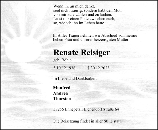 Traueranzeige von Renate Reisiger von Tageszeitung