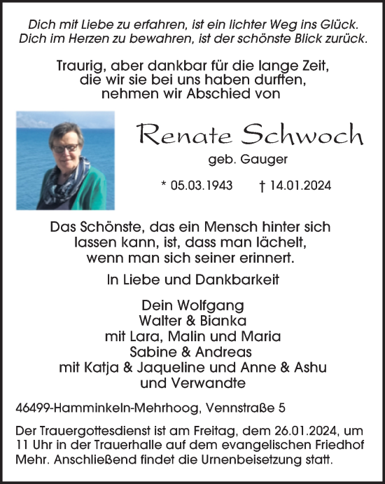 Traueranzeige von Renate Schwoch von Tageszeitung