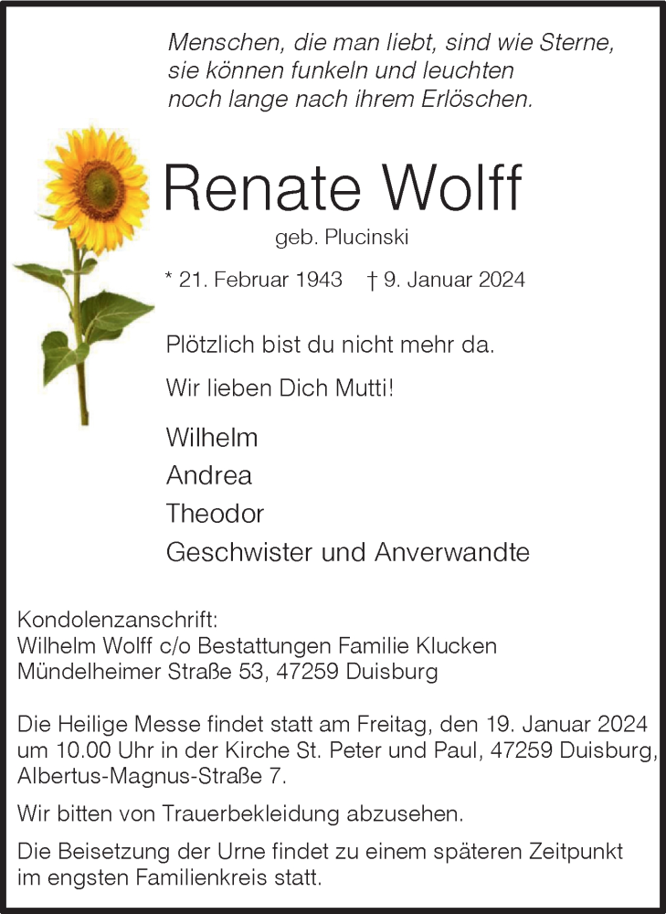  Traueranzeige für Renate Wolff vom 17.01.2024 aus Tageszeitung