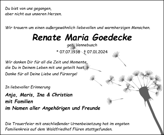 Traueranzeige von Renate Maria Goedecke von Tageszeitung