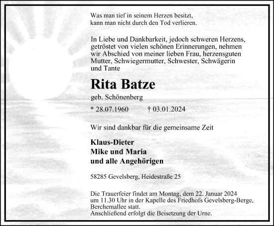 Traueranzeige von Rita Batze von Tageszeitung