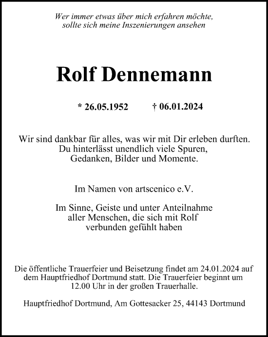 Traueranzeige von Rolf Dennemann von Tageszeitung