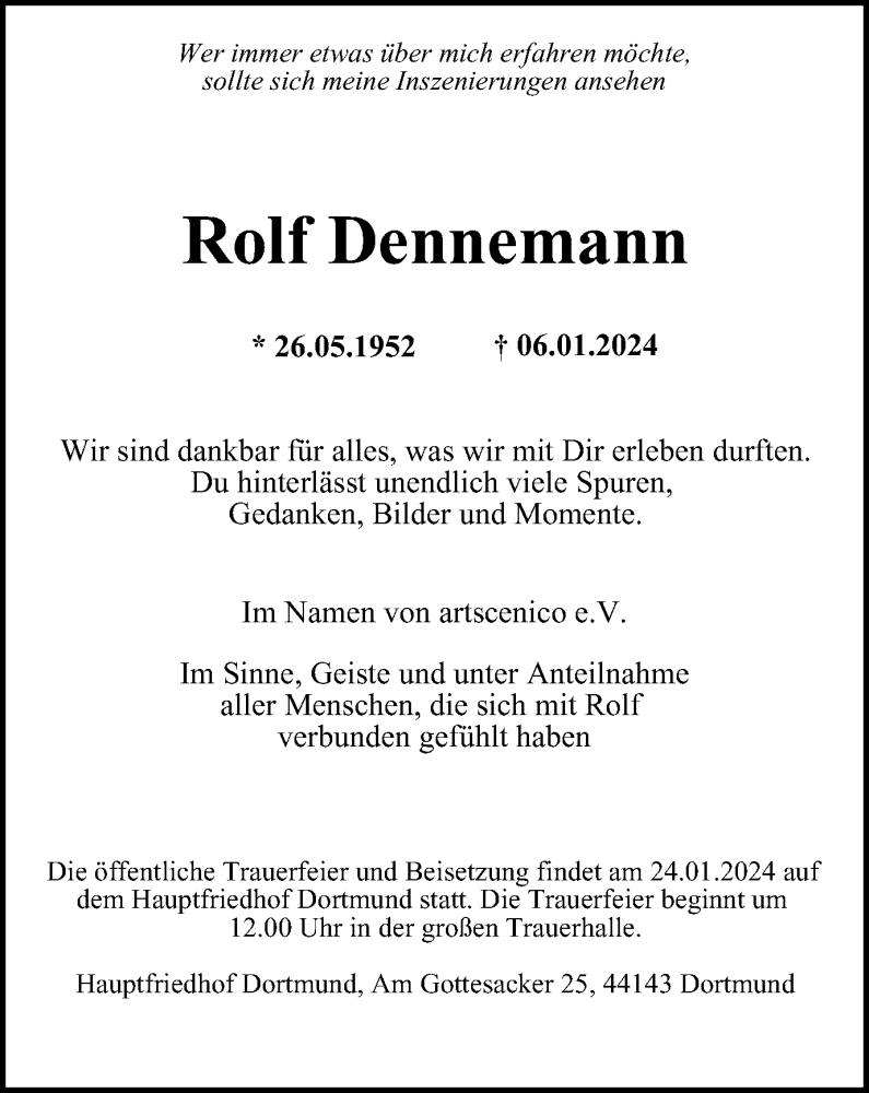 Traueranzeige für Rolf Dennemann vom 13.01.2024 aus Tageszeitung