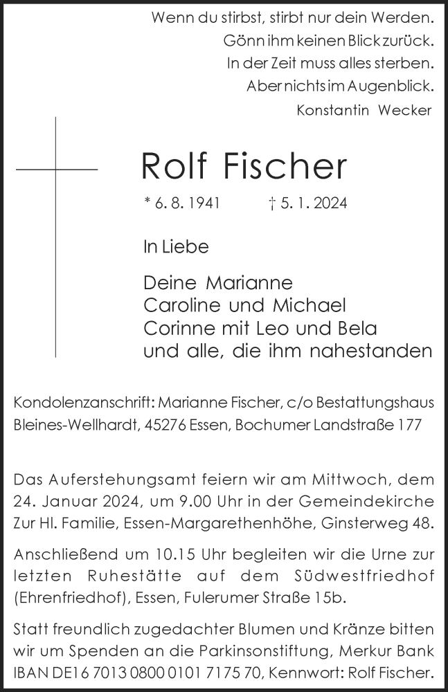  Traueranzeige für Rolf Fischer vom 13.01.2024 aus Tageszeitung