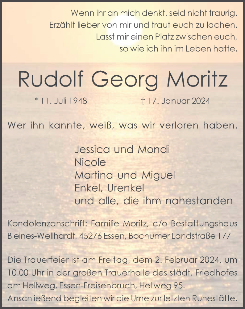  Traueranzeige für Rudolf Georg Moritz vom 20.01.2024 aus Tageszeitung