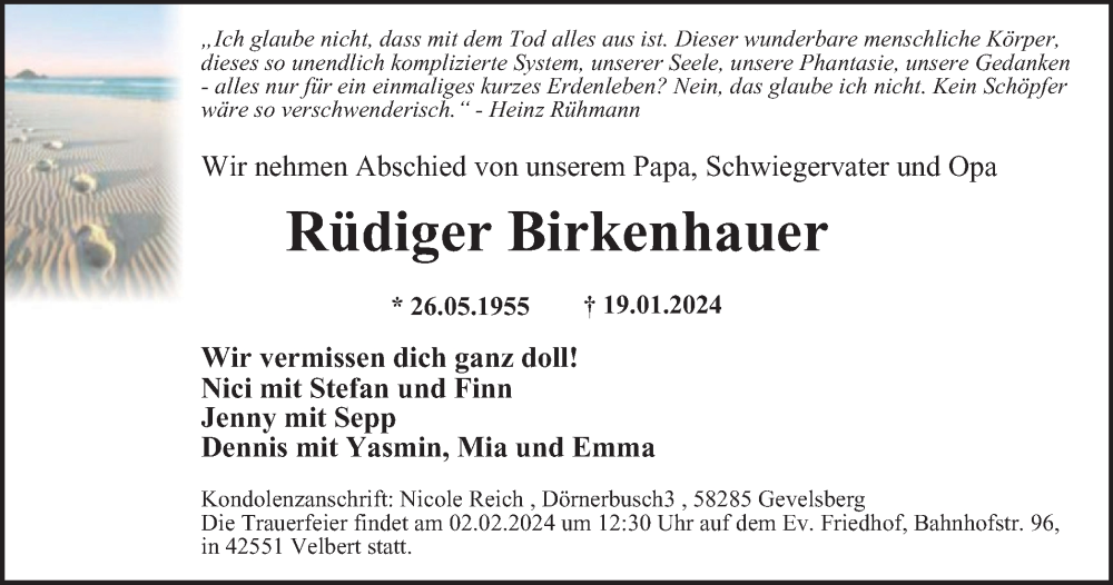  Traueranzeige für Rüdiger Birkenhauer vom 27.01.2024 aus Tageszeitung
