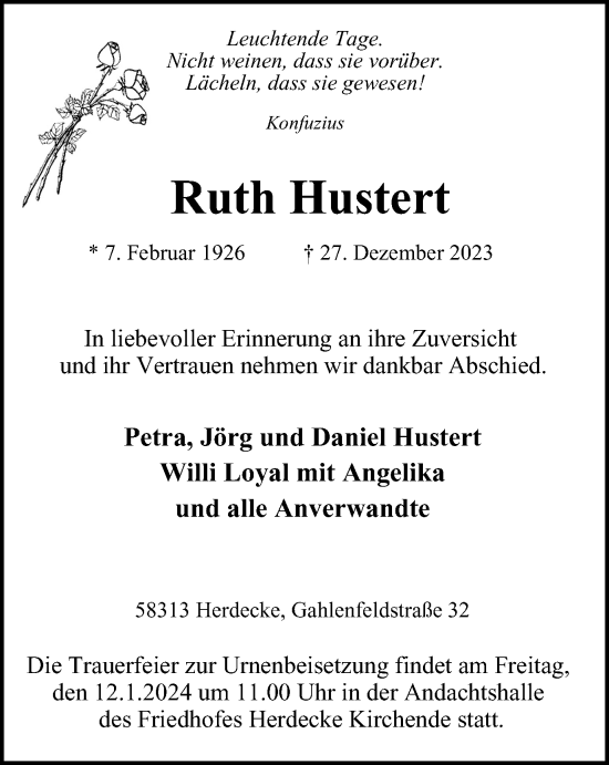 Traueranzeige von Ruth Hustert von Tageszeitung