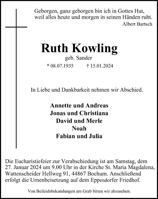 Traueranzeige von Ruth Kowling von Tageszeitung