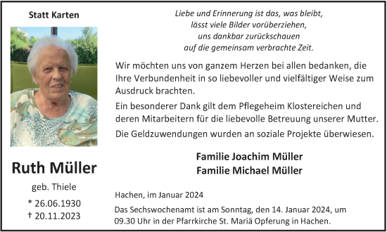 Traueranzeige von Ruth Müller von Tageszeitung