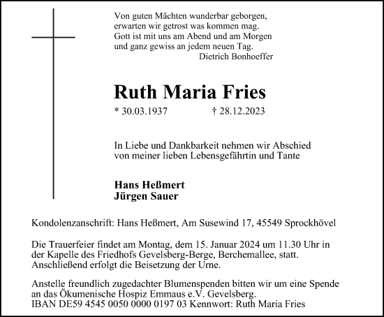 Traueranzeige von Ruth Maria Fries von Tageszeitung