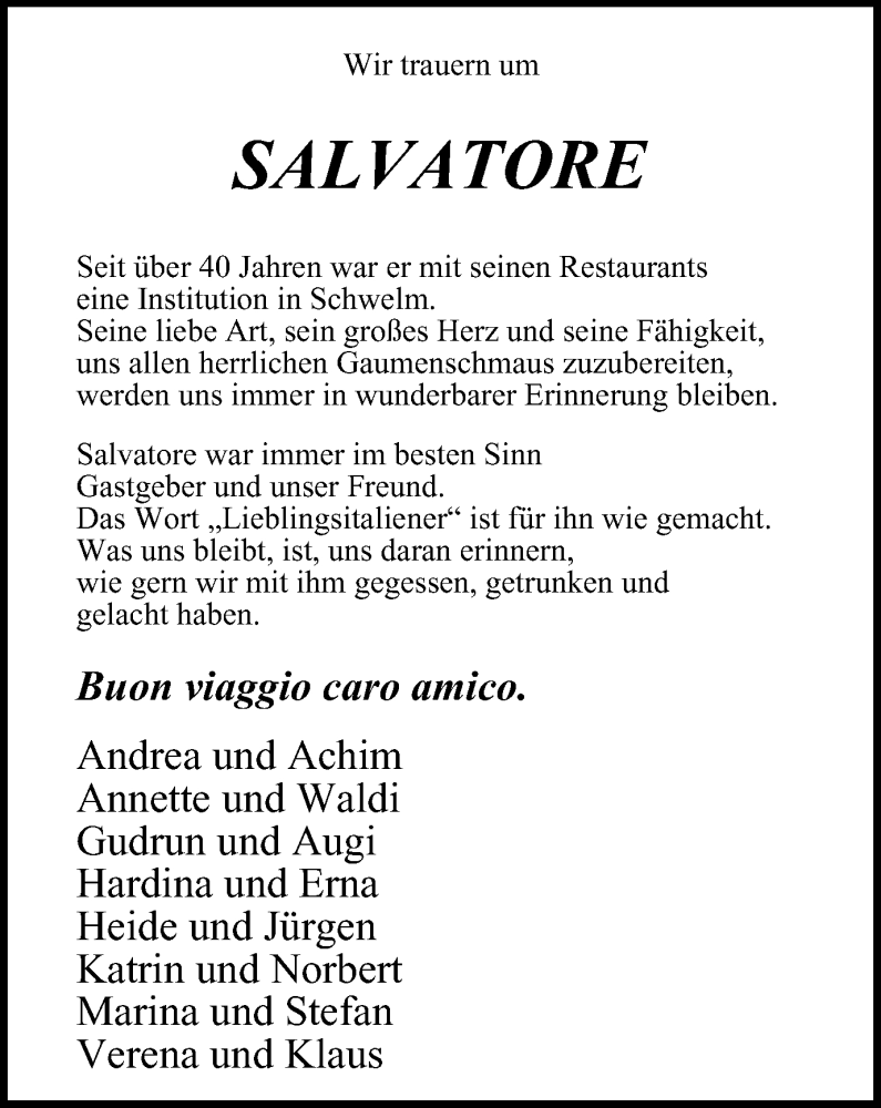  Traueranzeige für Salvatore  vom 10.01.2024 aus Tageszeitung