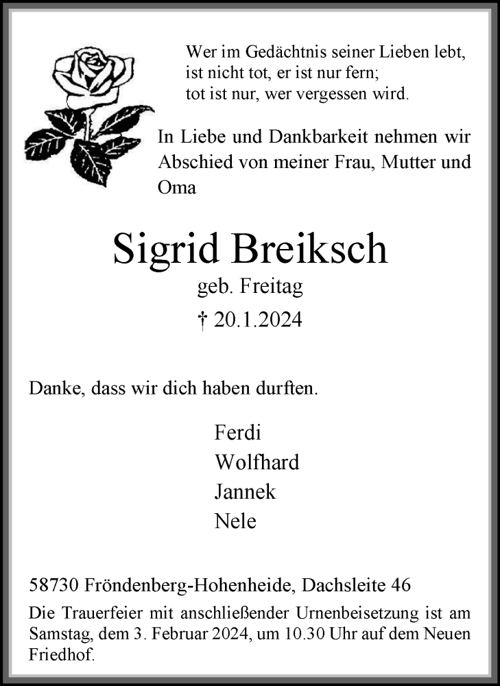  Traueranzeige für Sigrid Breiksch vom 27.01.2024 aus Tageszeitung