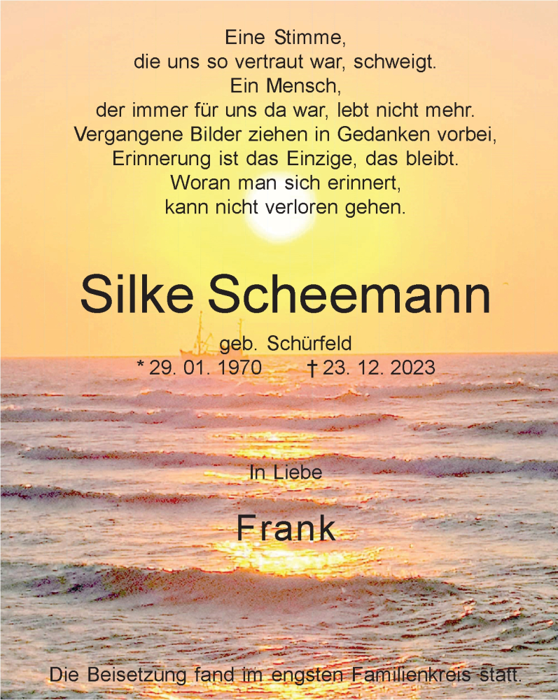  Traueranzeige für Silke Scheemann vom 13.01.2024 aus Tageszeitung