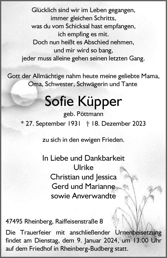 Traueranzeige von Sofie Klipper von Tageszeitung