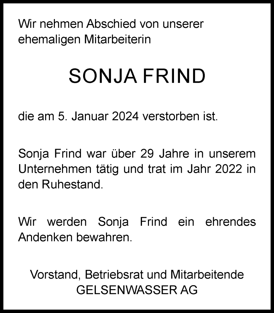  Traueranzeige für Sonja Frind vom 18.01.2024 aus Tageszeitung