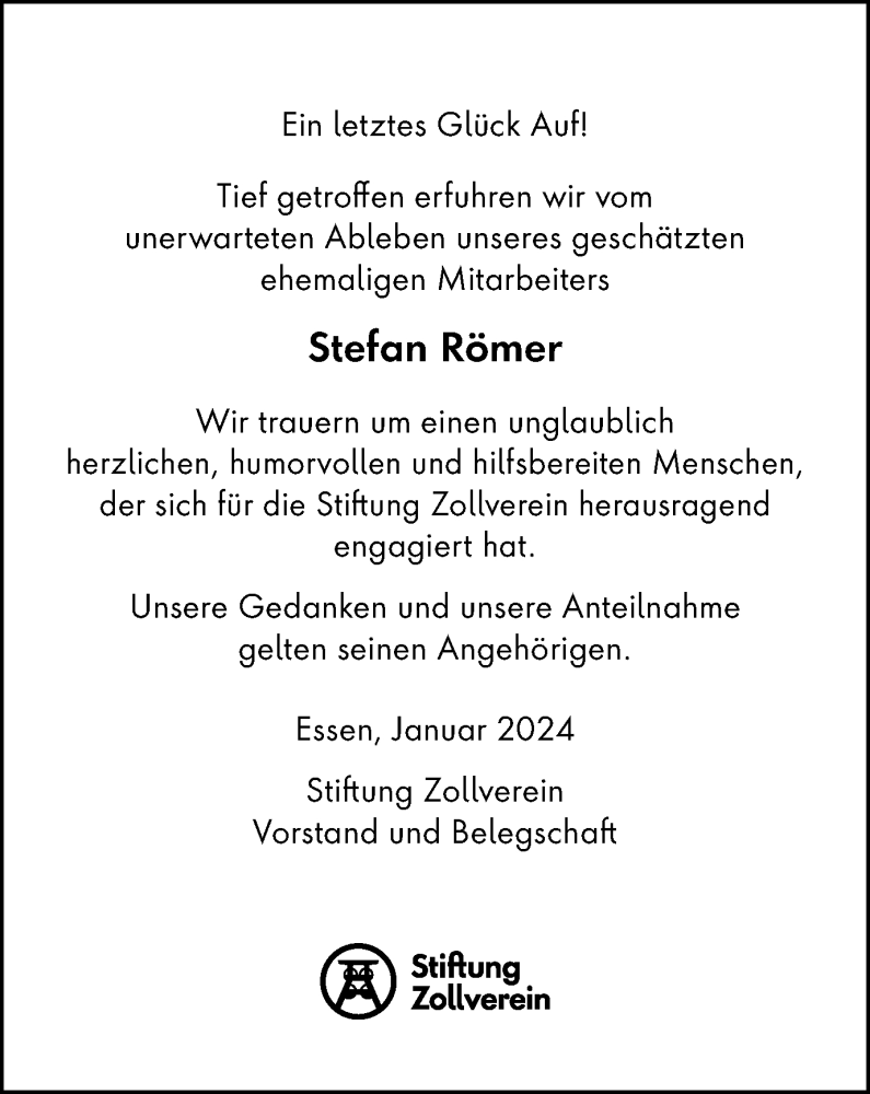  Traueranzeige für Stefan Römer vom 06.01.2024 aus Tageszeitung