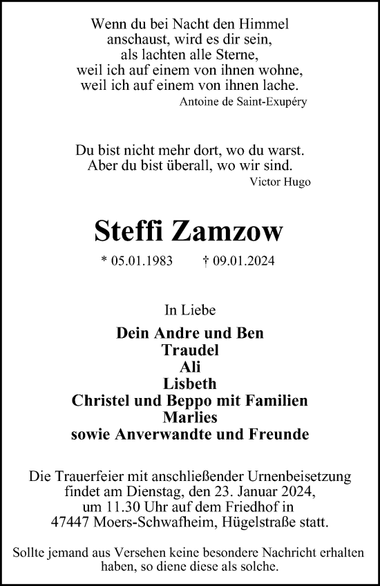 Traueranzeige von Steffi Zamzow von Tageszeitung