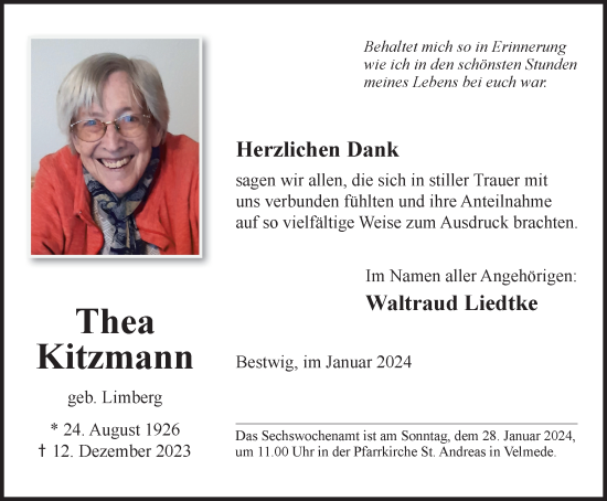 Traueranzeige von Thea Kitzmann von Tageszeitung