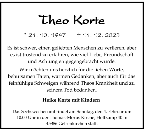 Traueranzeige von Theo Korte von Tageszeitung
