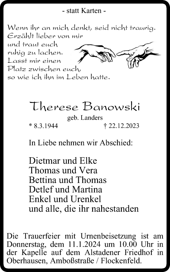 Traueranzeige von Therese Banowski von Tageszeitung
