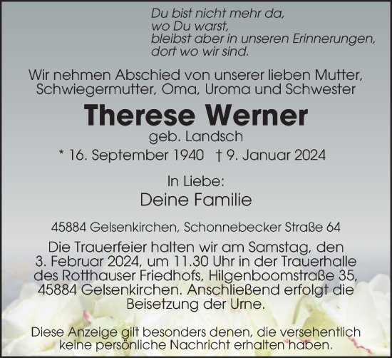 Traueranzeige von Therese Werner von Tageszeitung