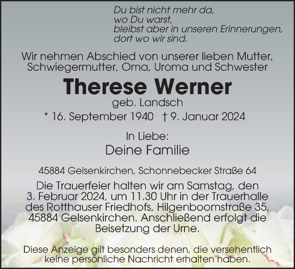  Traueranzeige für Therese Werner vom 27.01.2024 aus Tageszeitung