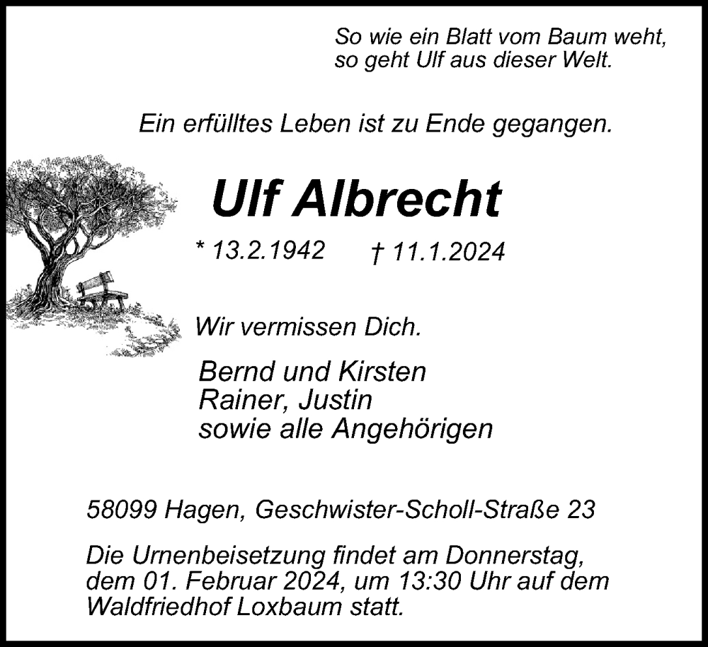  Traueranzeige für Ulf Albrecht vom 27.01.2024 aus Tageszeitung