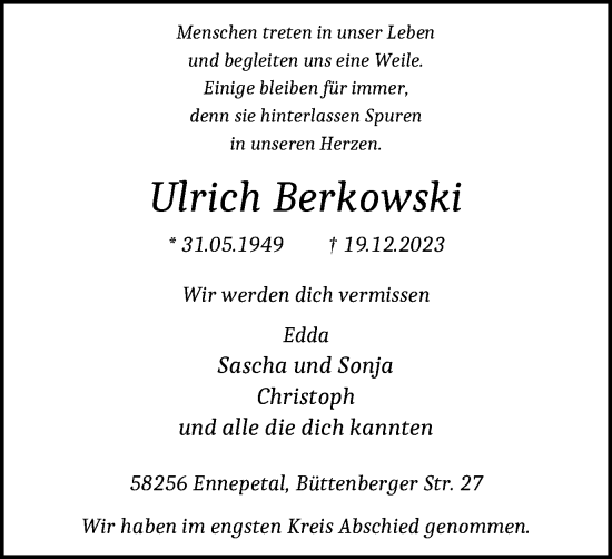Traueranzeige von Ulrich Berkowski von Tageszeitung