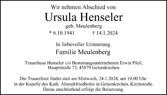 Traueranzeige von Ursula Henseler von Tageszeitung